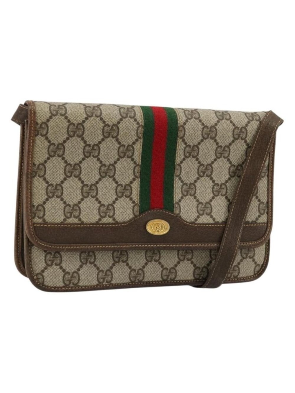 Authentic GUCCI GG Supreme Web Sherry Line Shoulder Bag PVC Beige Gold